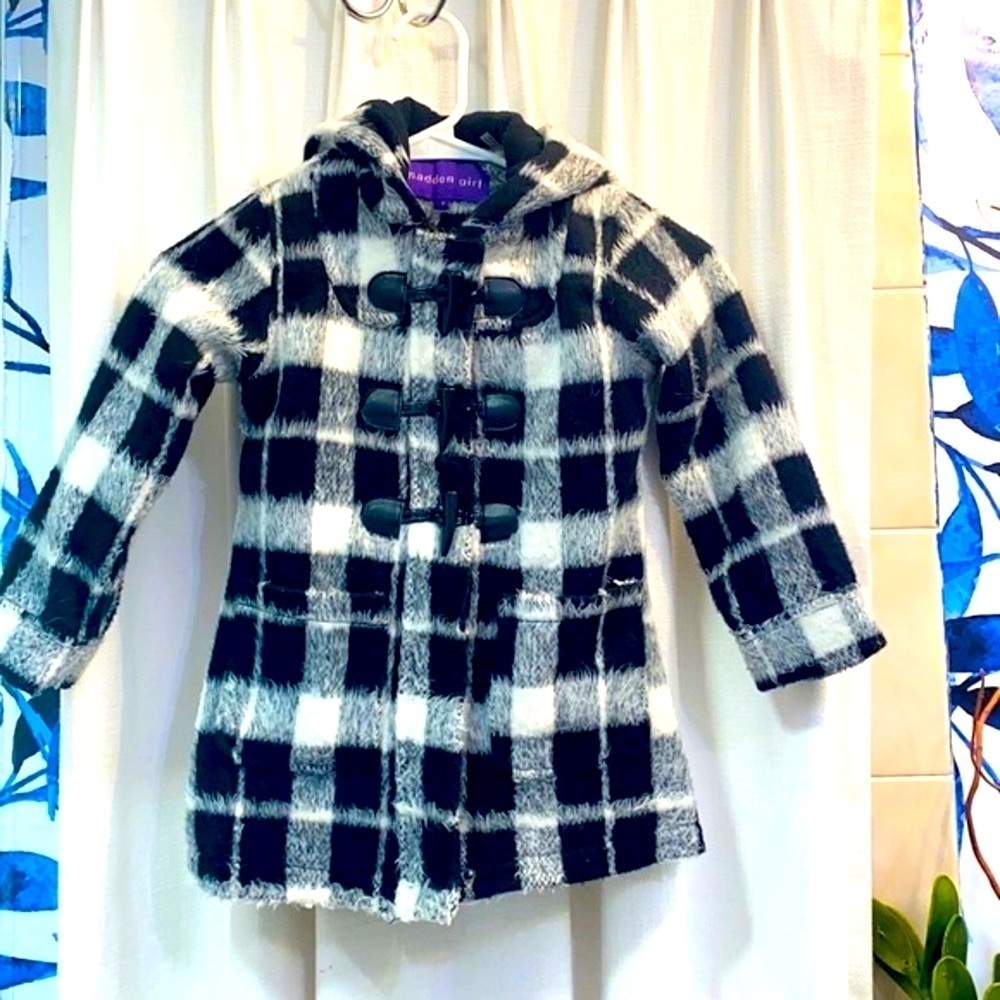 Madden Girl Faux Wool Black & White Plaid Hooded Pea Coat Size 5